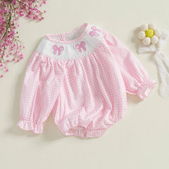 Newborn Baby Girls Cute Romper Bow Embroidery Plaid Long Sleeve Jumpsuits