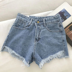 New Summer Women High Wiast Raw Hem Denim Shorts Soild White Black Blue