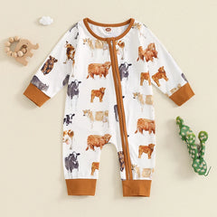 Lioraitiin Baby Boys Jumpsuit, Long Sleeve Cow Horse Print Zipped