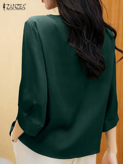 ZANZEA Elegant Women Solid Work Tops Women Loose Casual Silk Vintage
