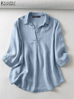 ZANZEA Casual Women Blusas Mujer Solid Summer Elegant Stylish Denim Shirt