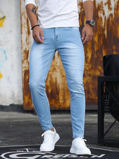 Man Pants Retro Washing Zipper Stretch Jeans Casual Slim Fit Trousers Male Plus