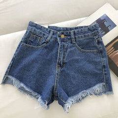 New Summer Women High Wiast Raw Hem Denim Shorts Soild White Black Blue
