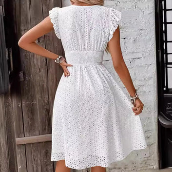 Women's Dress Lace Jacquard Hollow Out Slim V Neck Elastic Waist Midi Dress