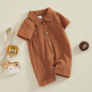 Tregren 0-18M Infant Boys Cotton Linen Jumpsuit Solid Color Lapel Short Sleeve
