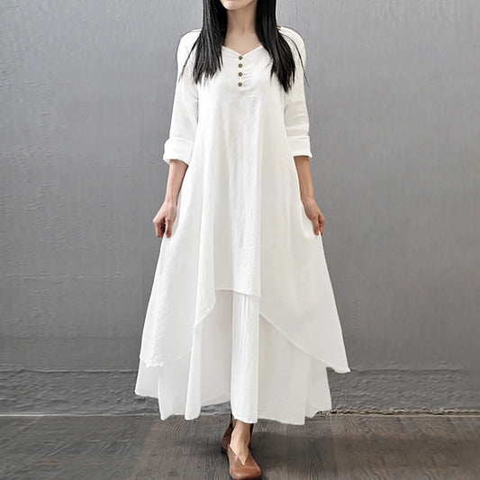 Women Elegant Linen White Dresses Bohemia Layering Vintage Robe Long
