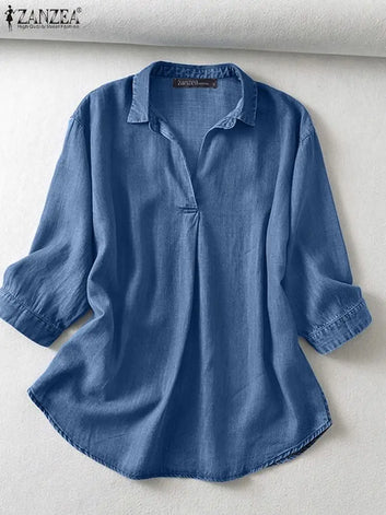 ZANZEA Casual Women Blusas Mujer Solid Summer Elegant Stylish Denim Shirt