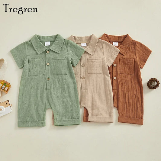 Tregren 0-18M Infant Boys Cotton Linen Jumpsuit Solid Color Lapel Short Sleeve