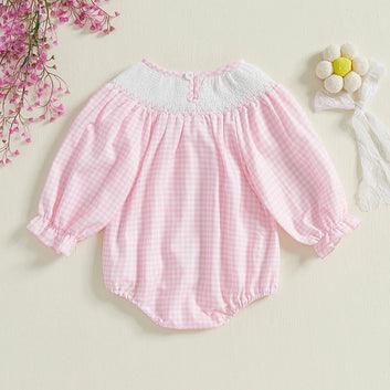 Newborn Baby Girls Cute Romper Bow Embroidery Plaid Long Sleeve Jumpsuits