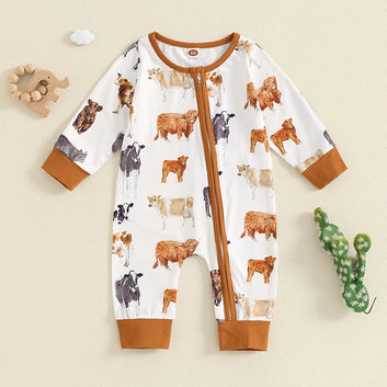 Lioraitiin Baby Boys Jumpsuit, Long Sleeve Cow Horse Print Zipped
