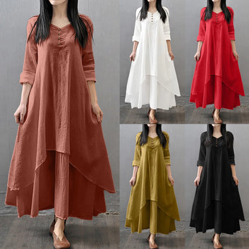 Women Elegant Linen White Dresses Bohemia Layering Vintage Robe Long