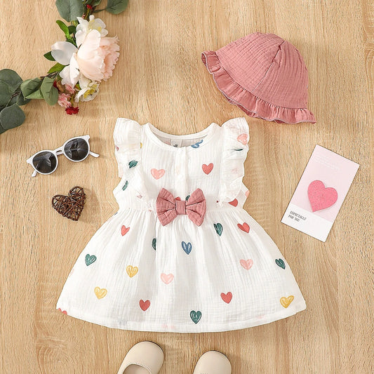 2PCS Dress Clothes Set Newborn Baby Girl Love Print Sleeveless Dress With Hat