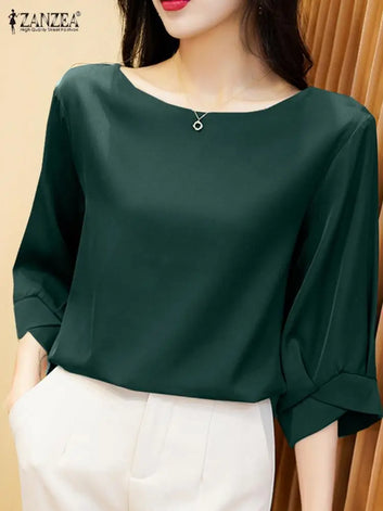 ZANZEA Elegant Women Solid Work Tops Women Loose Casual Silk Vintage