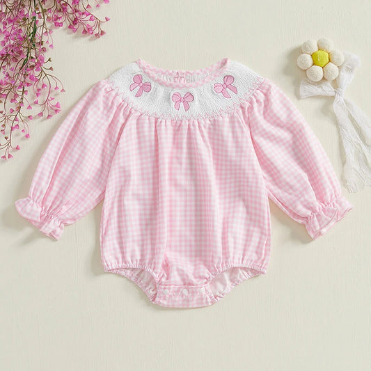 Newborn Baby Girls Cute Romper Bow Embroidery Plaid Long Sleeve Jumpsuits