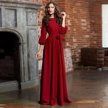 Women Lantern Sleeve Long Dresses Elegant Maxi Dress With Belt Casual Solid