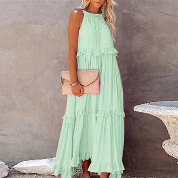 Women Casual Ruffles Long Dress Summer Elegant Sleeveless Sundress