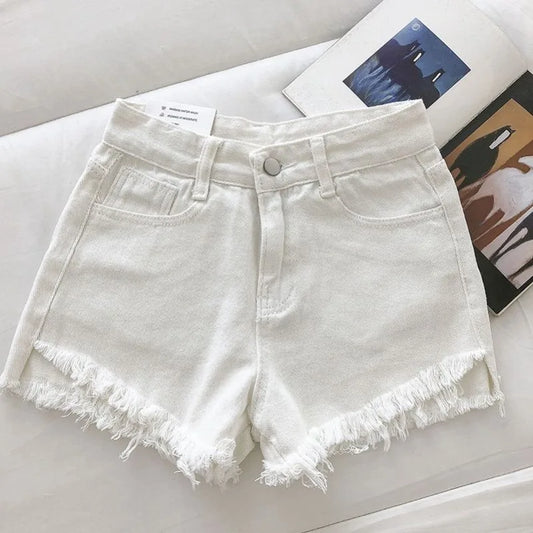 New Summer Women High Wiast Raw Hem Denim Shorts Soild White Black Blue