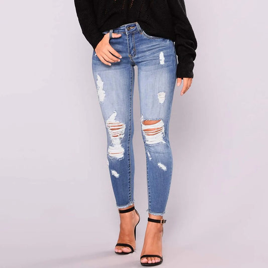 Women'S Stretchy Ripped Hole Trousers Slim Jeans Butt Lifting Distressed Denim