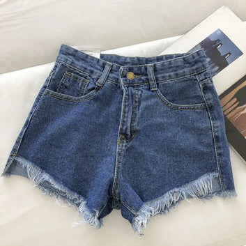 New Summer Women High Wiast Raw Hem Denim Shorts Soild White Black Blue