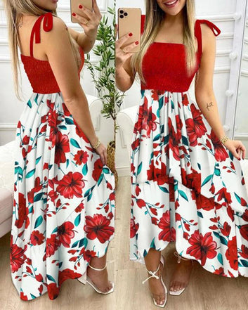 Summer Sexy Spaghetti Strap Floral Print Maxi Dress For Women Casual Elegant