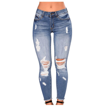 Women'S Stretchy Ripped Hole Trousers Slim Jeans Butt Lifting Distressed Denim